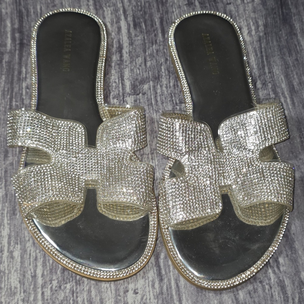 IZALEA WANG Rhinestone Embellished Slides Sandals Silver Women's Size 8